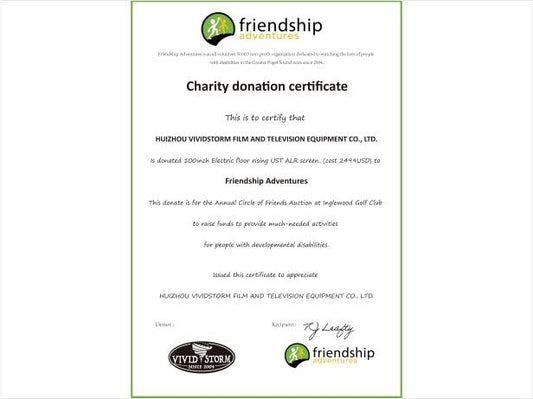 VIVIDSTORM Is donated 100inch Electric floor rising UST ALR screen to  Friendship Adventures - VIVIDSTORM