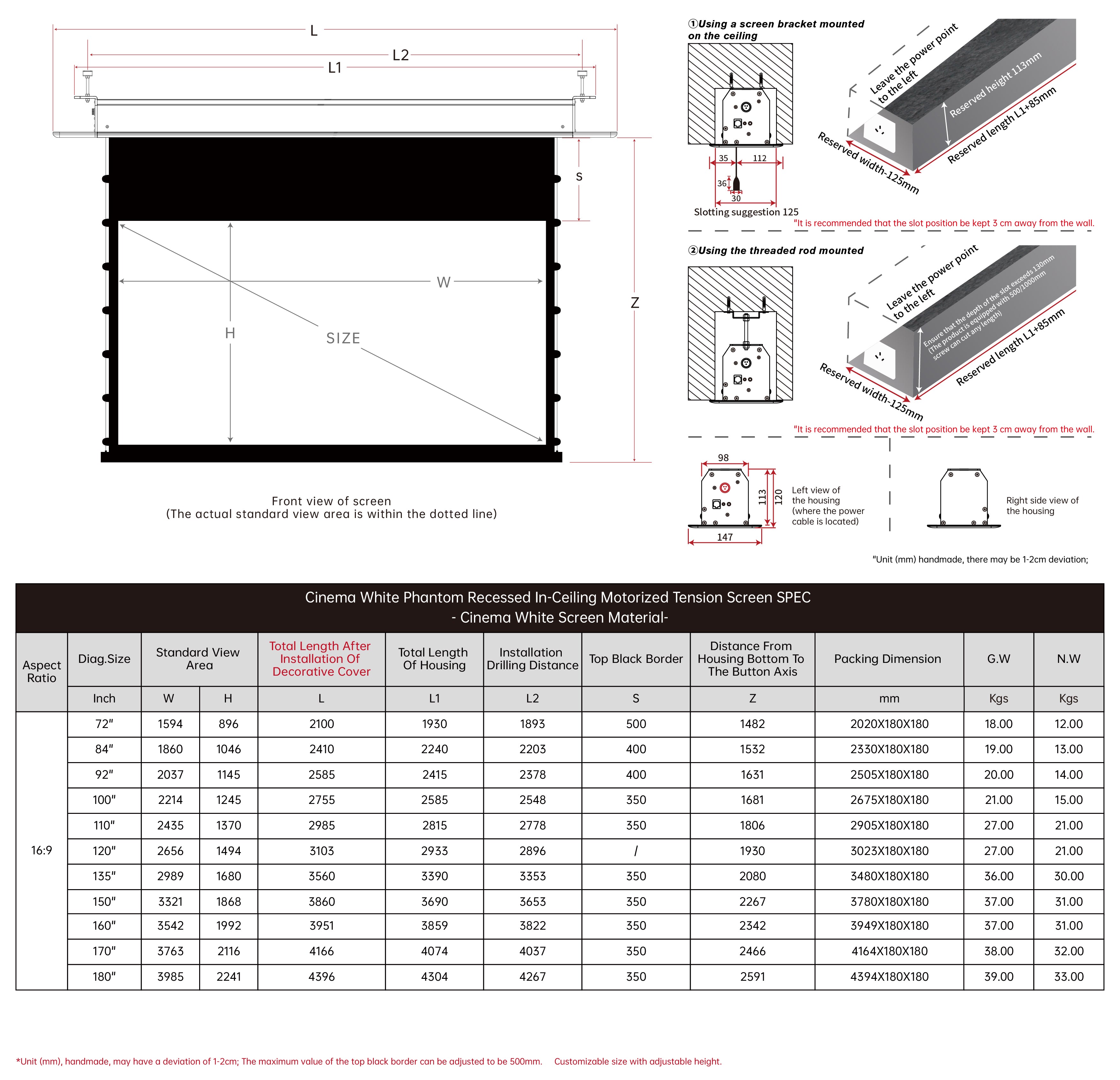 VIVIDSTORM PHANTOM Recessed In-Ceiling Motorized Tension White Cinema Projector screen