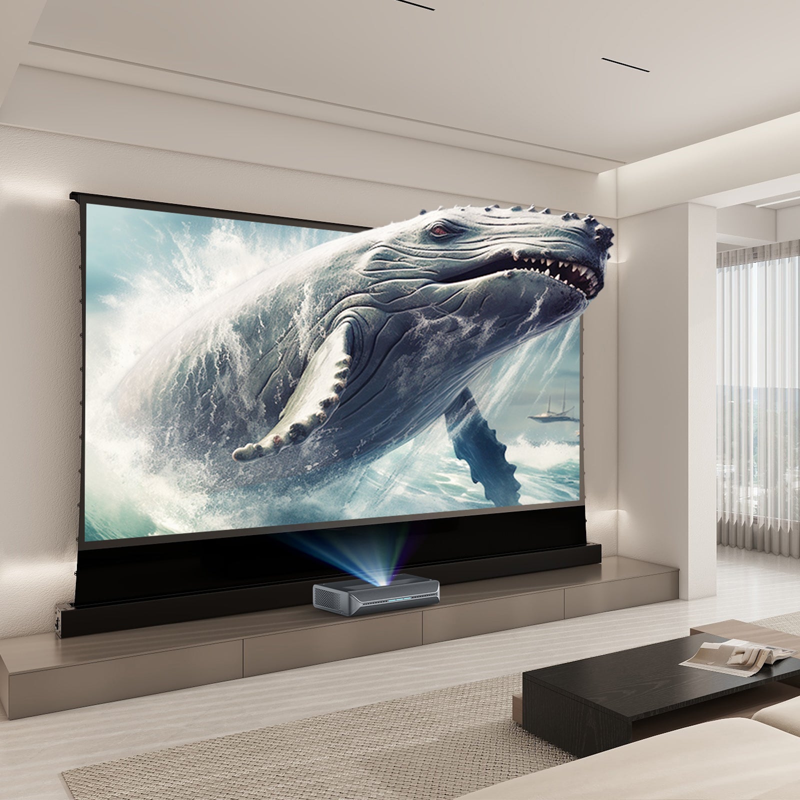 NexiGo Aurora Pro MKII UST Tri-Color Laser Projector & VIVIDSTORM S PRO Motorized Tension Floor Rising UST ALR Projector Screen