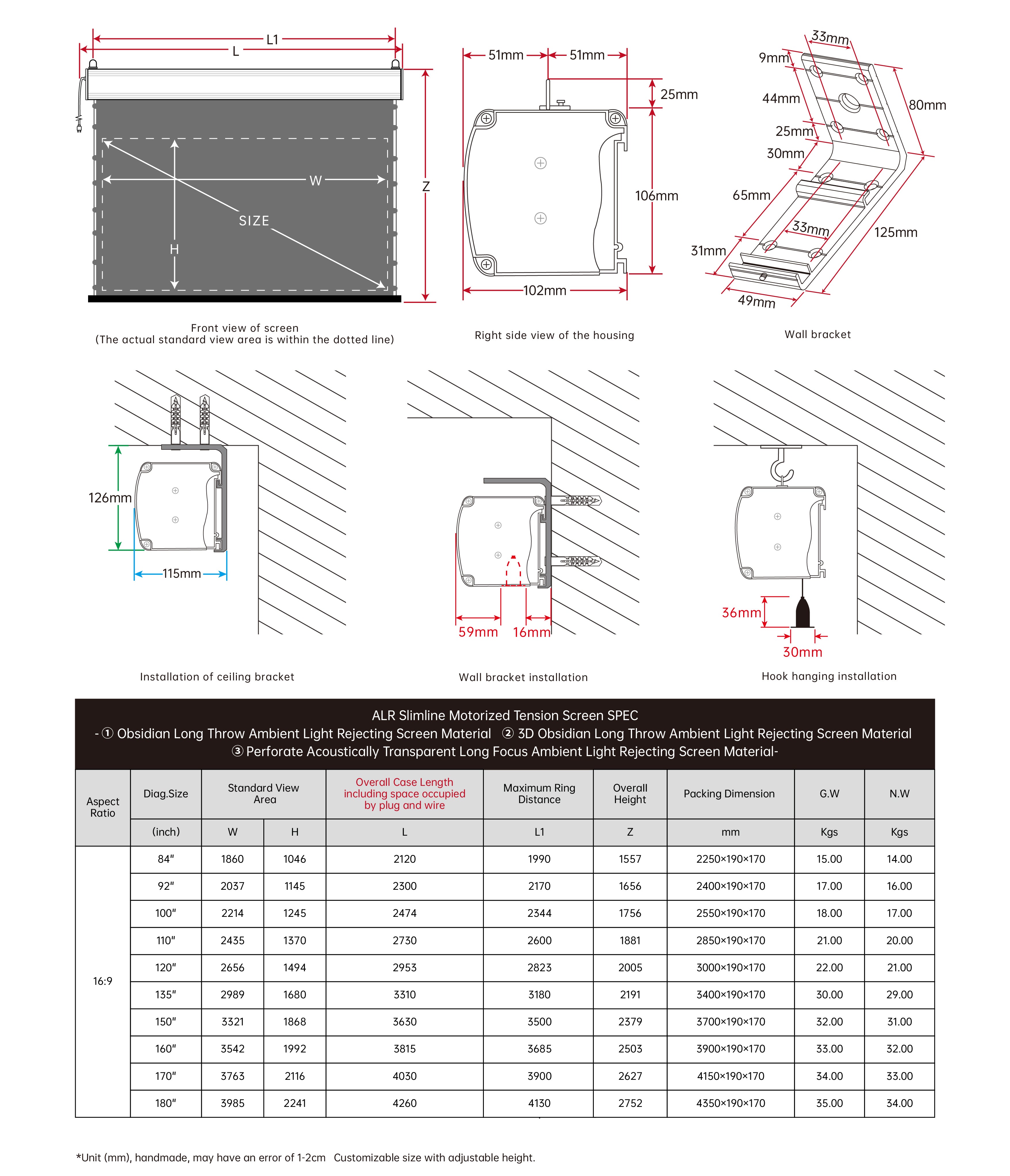 Écran de projection VIVIDSTORM ALR Slimline Motorisé Tension Obsidian Longue Portée ALR