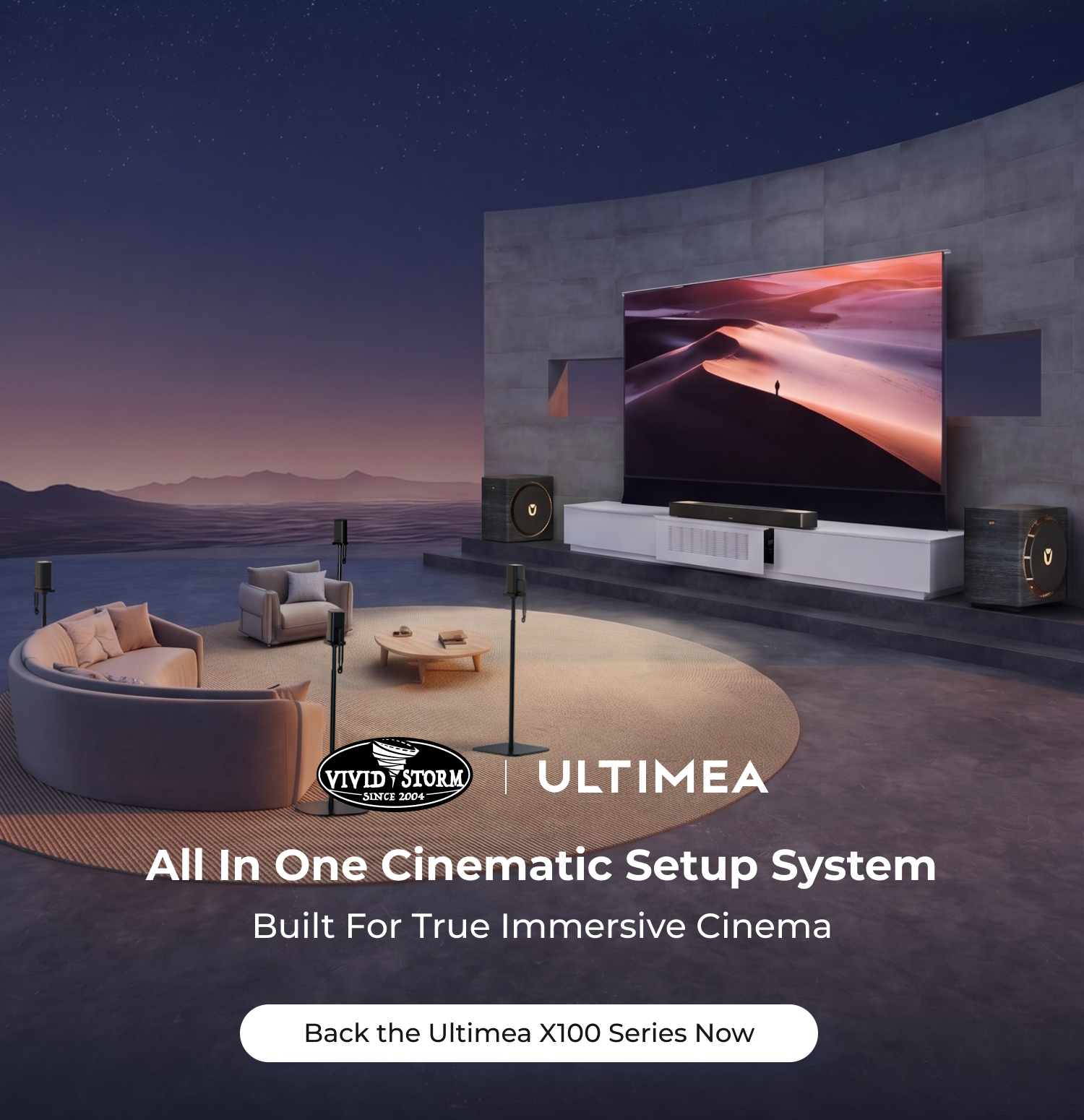 VIVIDSTORM x ULTIMEA | 120inch Barcelona Mark III Motorized Cabinet, Screen, Projector & Sound System Bundle
