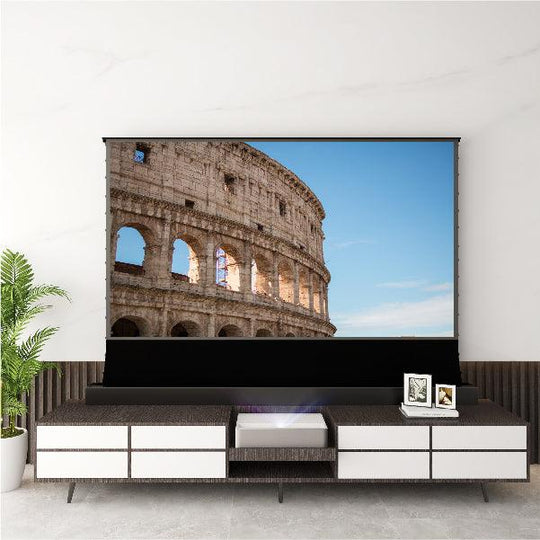 S PRO P Electric Tension Floor Screen With UST ALR P (Ambient Light Rejecting-BLACK BORDER with Sound Perforated Acoustic Transparent)material 【Only suitable for UST Laser projector and settle on table/floor】 - VIVIDSTORM