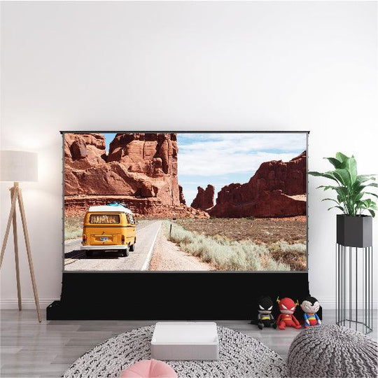 S PRO P Electric Tension Floor Screen With UST ALR P (Ambient Light Rejecting-BLACK BORDER with Sound Perforated Acoustic Transparent)material 【Only suitable for UST Laser projector and settle on table/floor】 - VIVIDSTORM