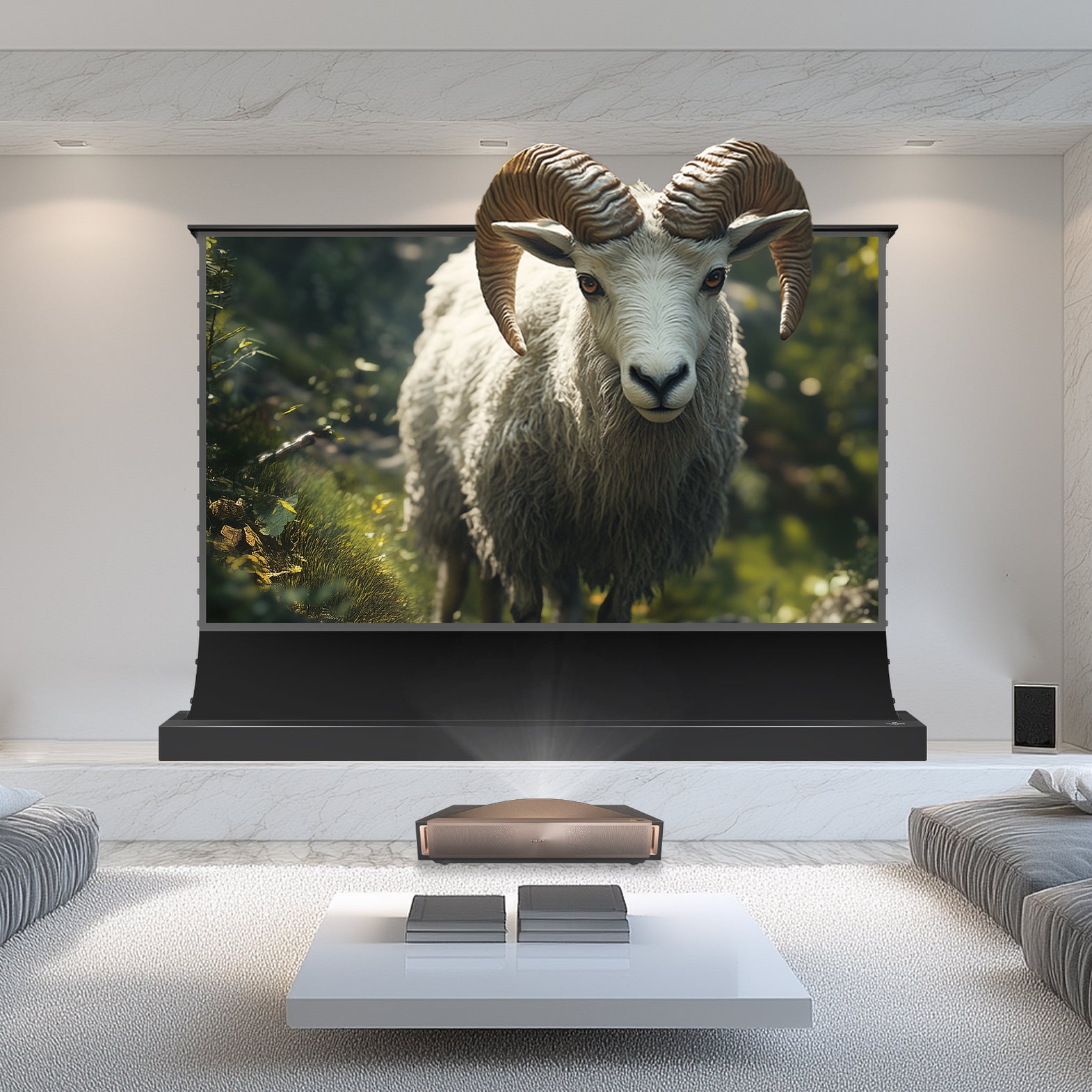 Ella BUNDLE Hisense L9Q Triple Laser Ultra Short Throw Projector & VIVIDSTORM S Lite Hyper Motorized Tension Floor Rising Lenticular ALR Projecto