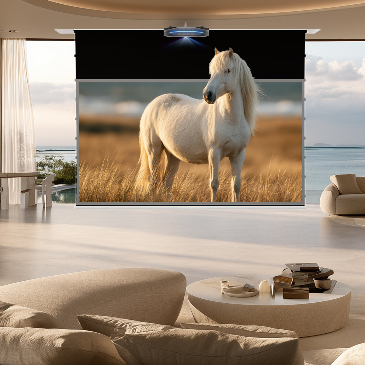 BUNDLE Awol Vision Aetherion Pro/ Max RGB Laser UST Projector & VIVIDSTORM PHANTOM Recessed In-Ceiling Motorized Tension UST ALR Projector screen