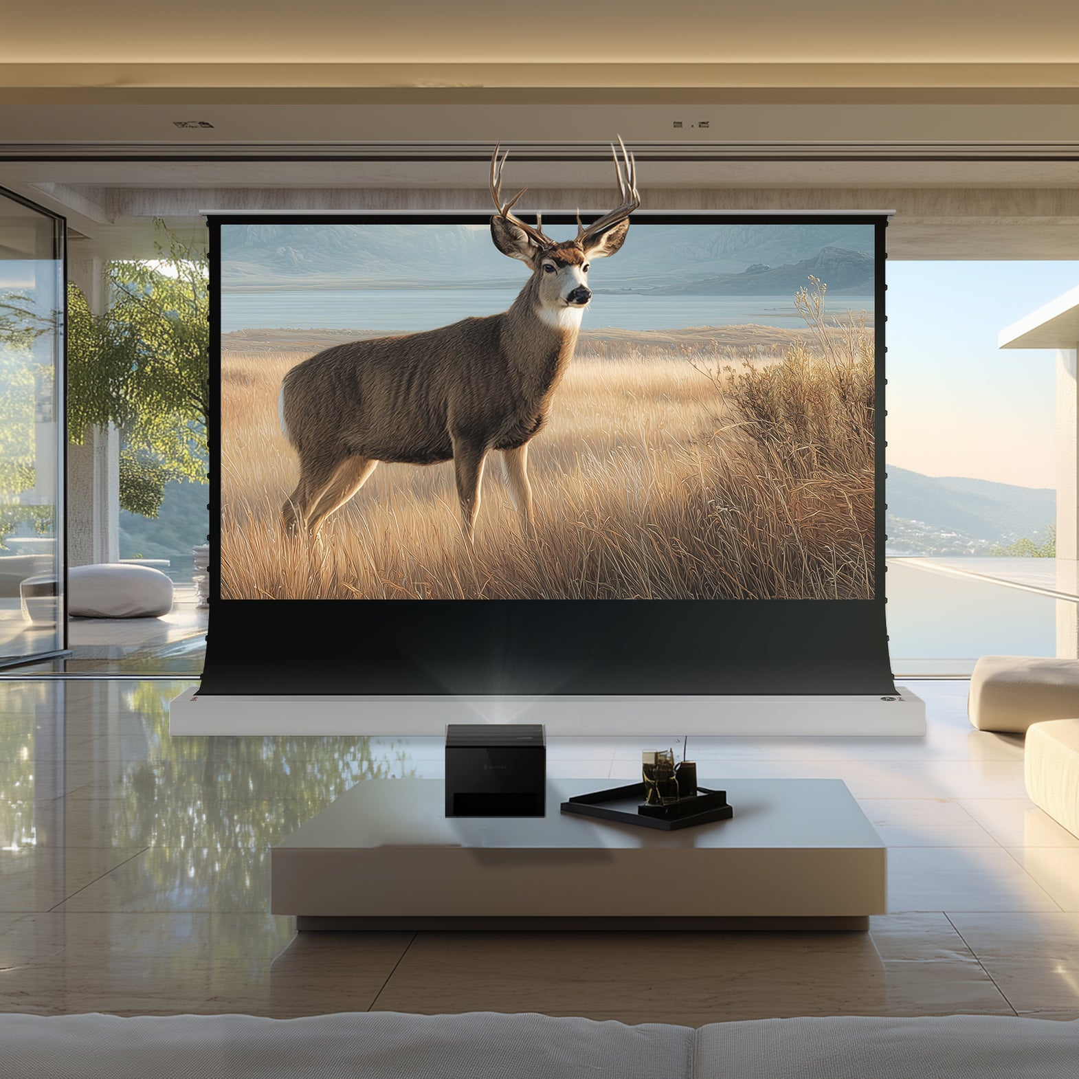 BUNDLE Valerion VisionMaster Max Projector & VIVIDSTORM S White Cinema Motorized Tension Floor Rising Projector Screen