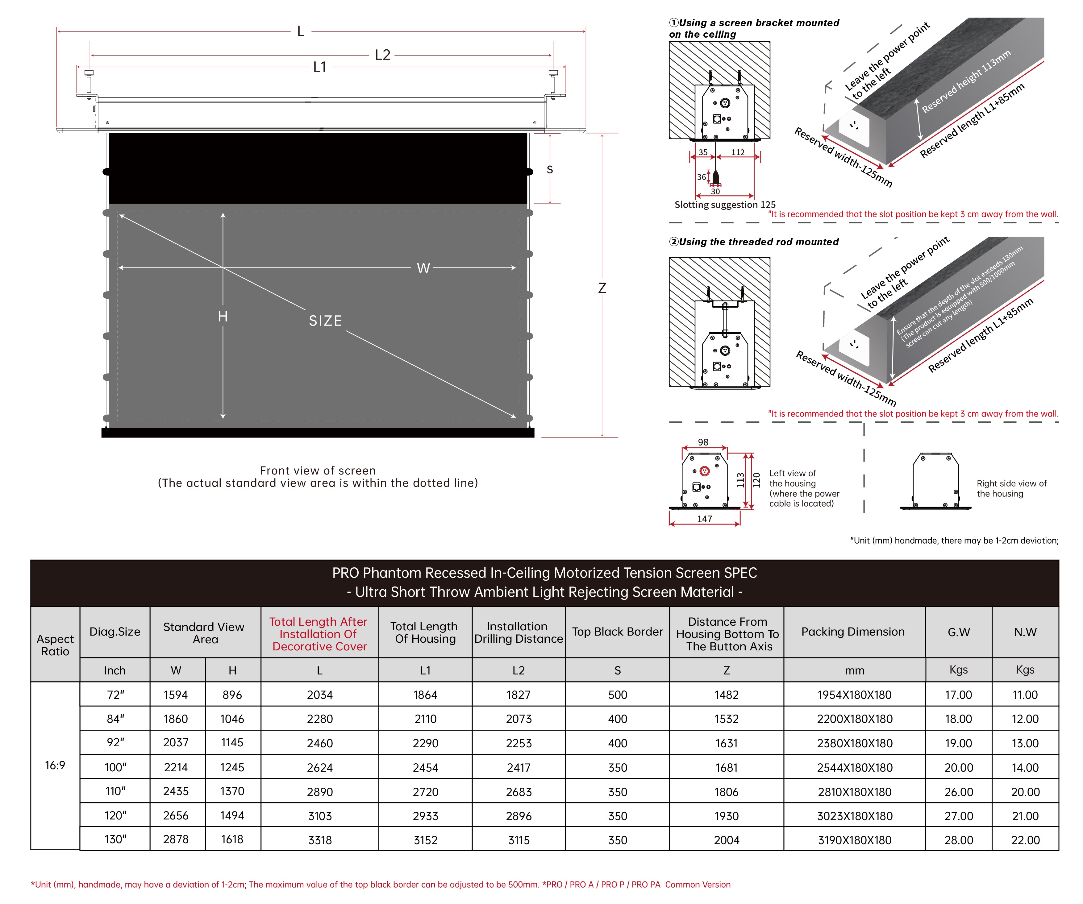 VIVIDSTORM PHANTOM Recessed In-Ceiling Motorized Tension UST ALR Projector screen