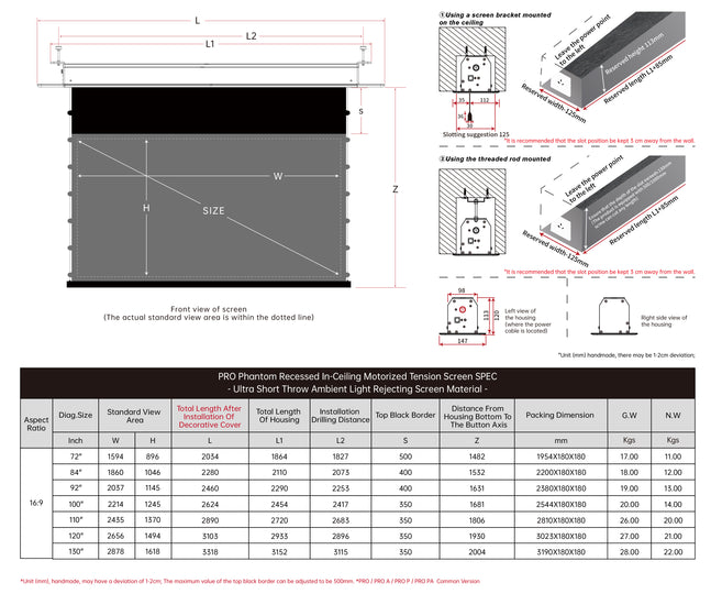 Écran de projection motorisé à tension UST ALR VIVIDSTORM PHANTOM encastré au plafond 