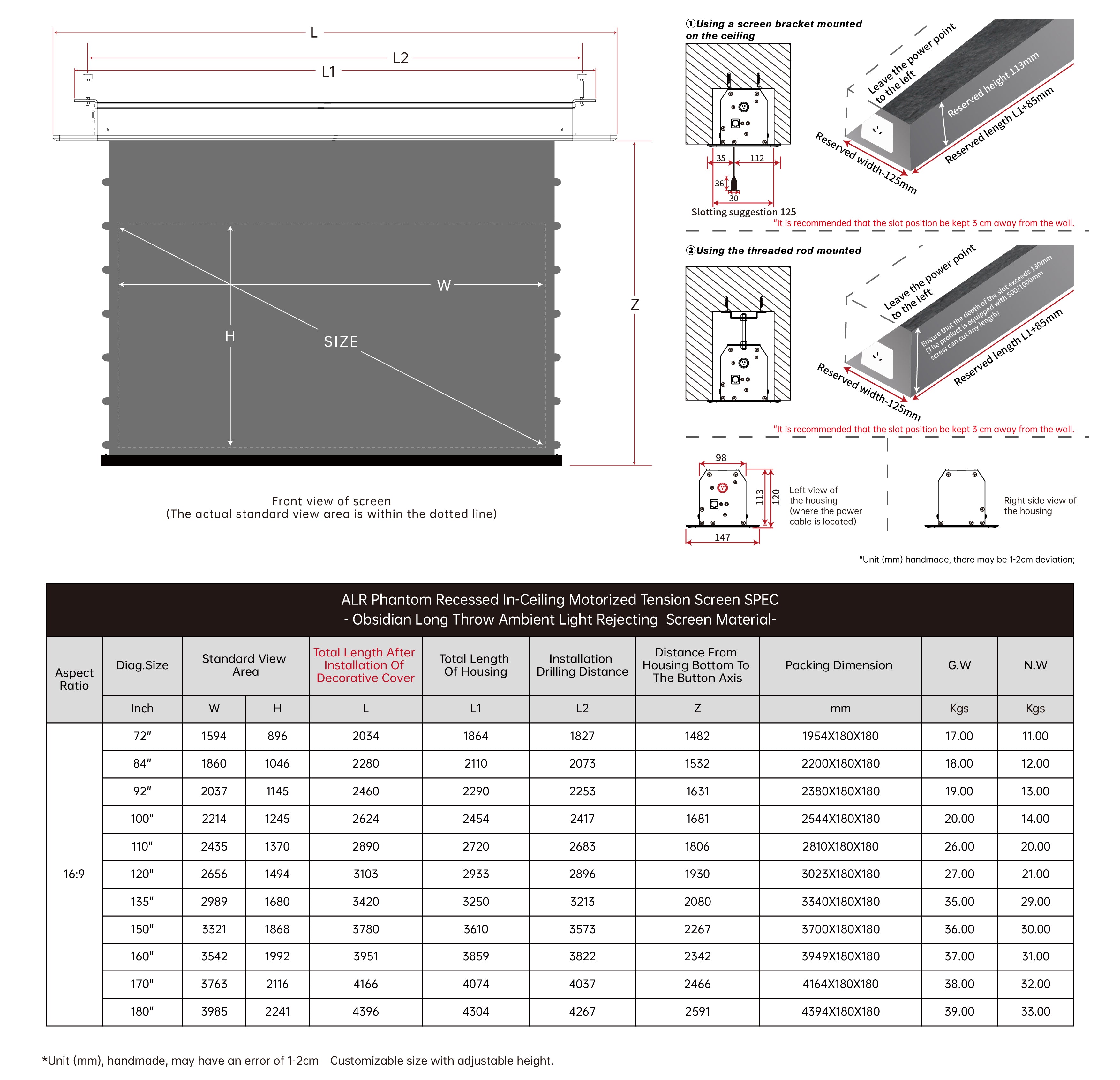 VIVIDSTORM PHANTOM  Recessed In-Ceiling Motorized Tension Obsidian Long Throw ALR Projector screen