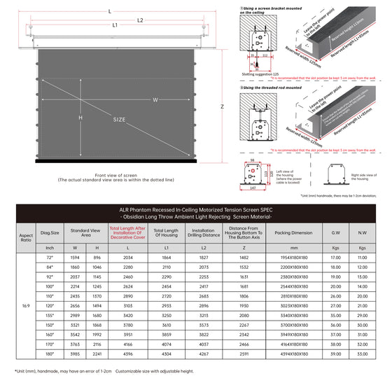Écran de projection motorisé à longue portée VIVIDSTORM PHANTOM, encastrable au plafond, tension Obsidian ALR 