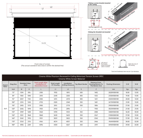 Écran de projection motorisé blanc à tension encastré au plafond VIVIDSTORM PHANTOM 