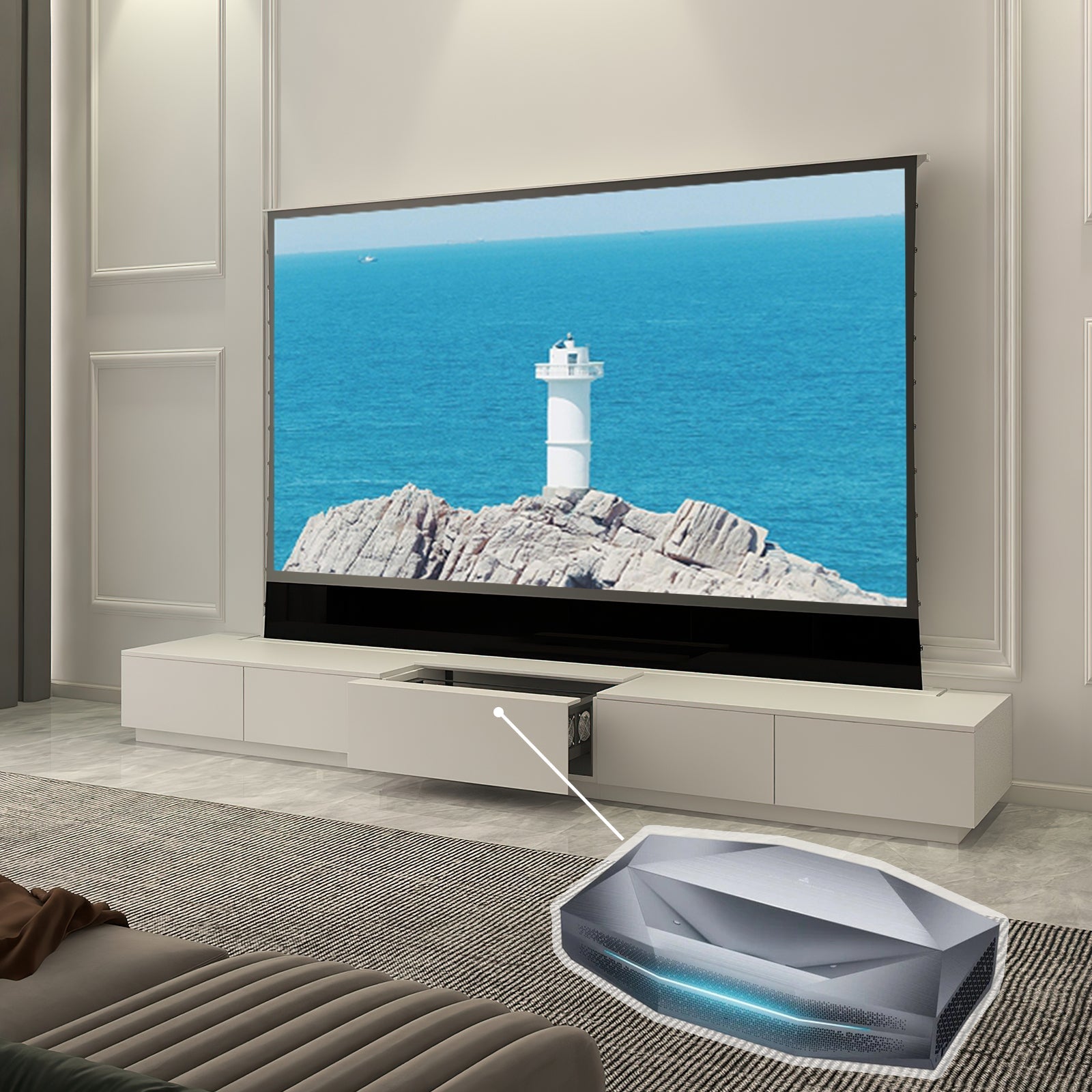 VIVIDSTORM Bundle-Projector&Screen&Motorised Laser TV Cabinet Monte Carlo