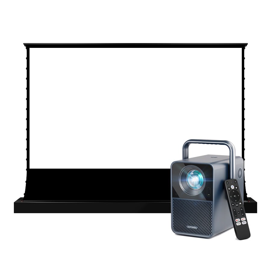 Ultimea Poseidon E40 Projector & VIVIDSTORM S White Cinema Motorized Tension Floor Rising Projector Screen - VIVIDSTORM