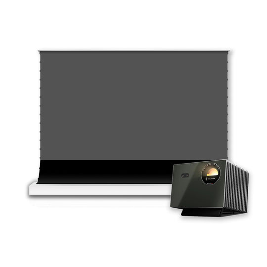 مجموعة جهاز عرض سينمائي ليزري ثلاثي الألوان HISENSE LASER CINEMA PX3 PRO وشاشة عرض عدسية عدسية الارتفاع ذات محرك فائق VIVIDSTORM S Lite 