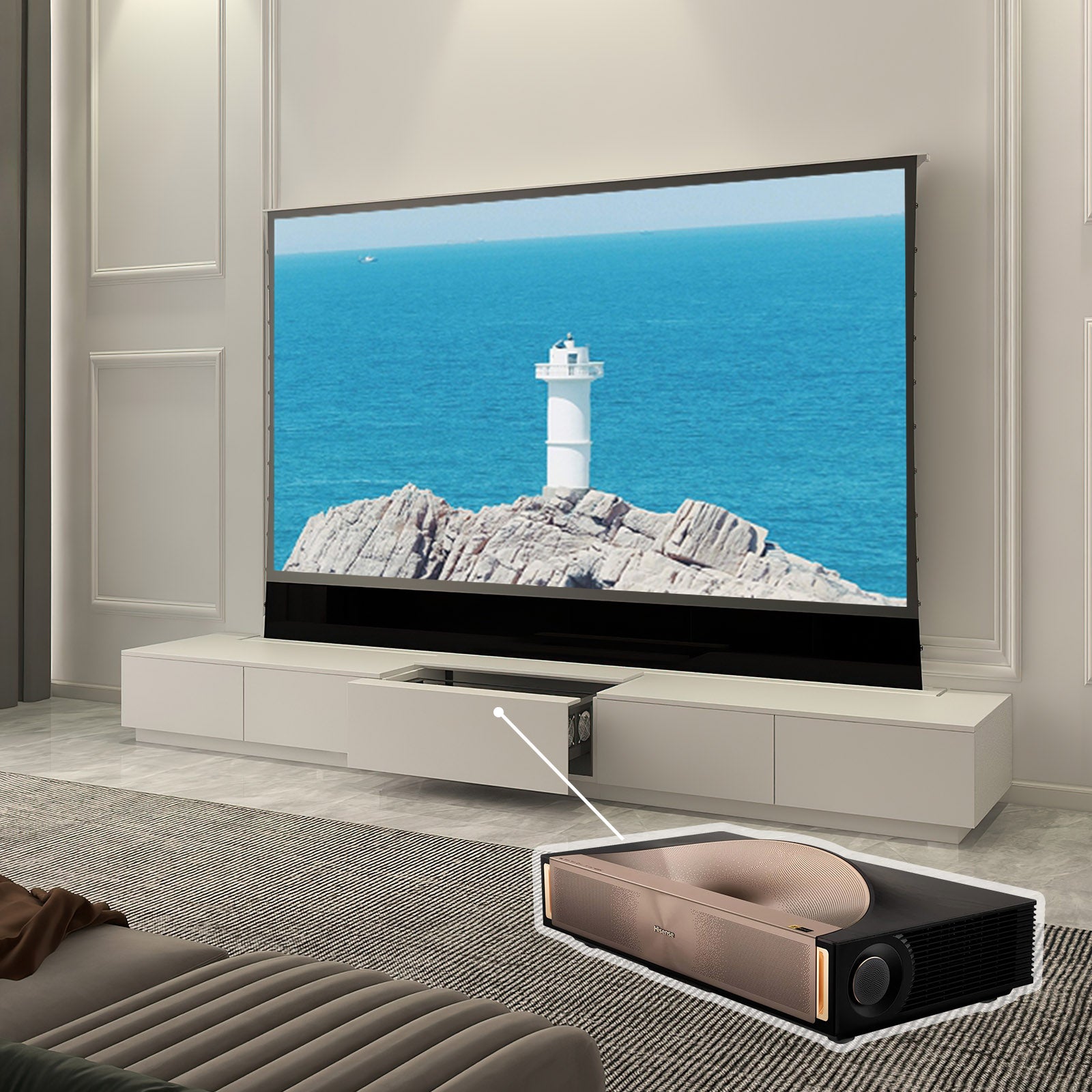 VIVIDSTORM Bundle-Projector&Screen&Motorised Laser TV Cabinet Monte Carlo
