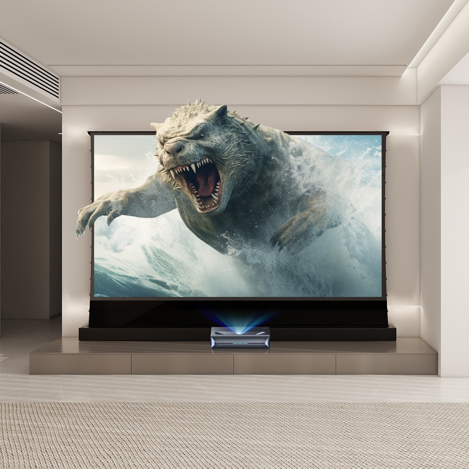 NexiGo Aurora Pro MKII UST Tri-Color Laser Projector & VIVIDSTORM S PRO Motorized Tension Floor Rising UST ALR Projector Screen