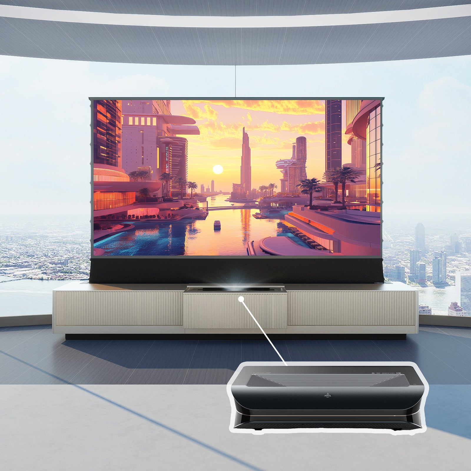 VIVIDSTORM Bundle-Projector&Screen&VIVIDSTORM Motorized Laser TV Cabinet Geneva