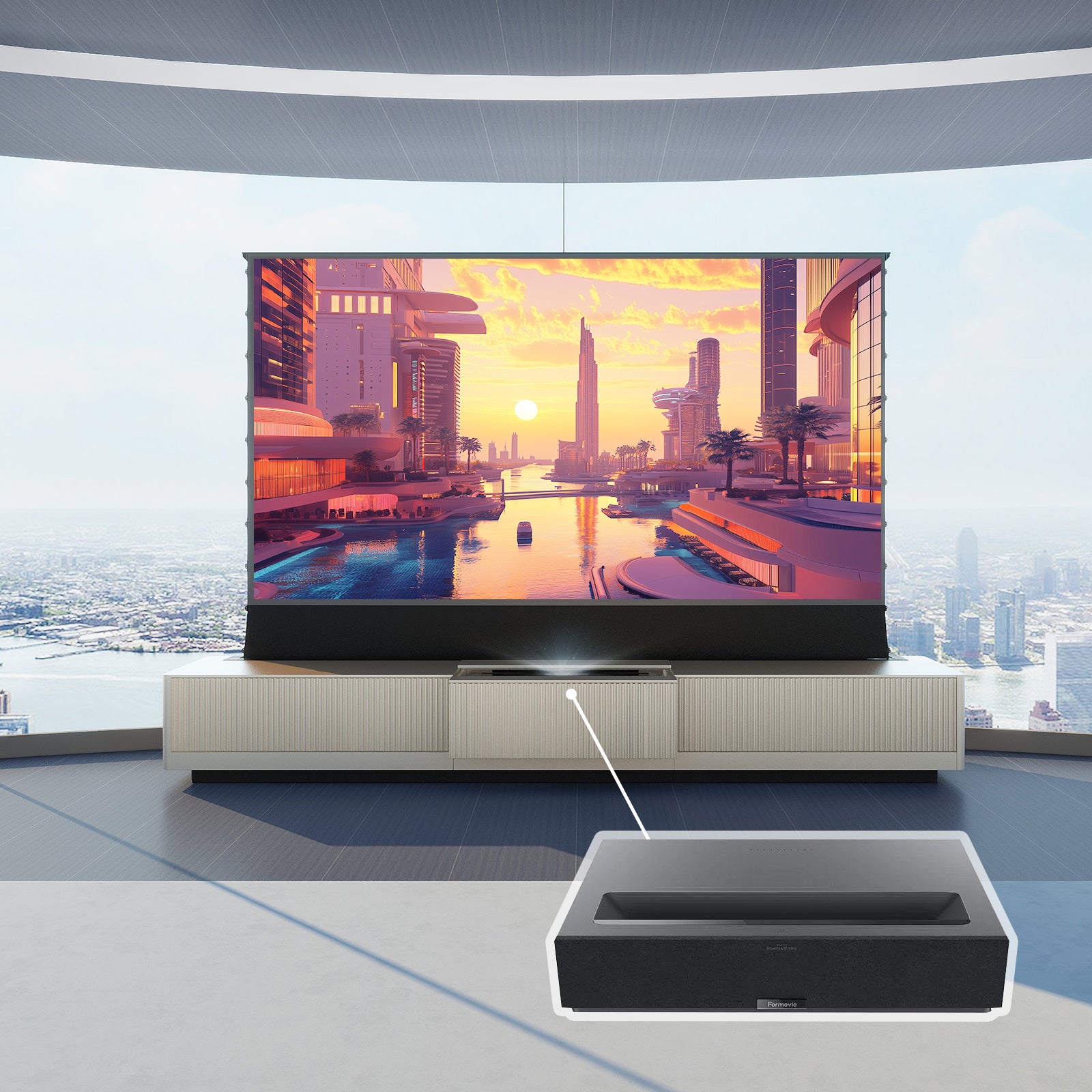 VIVIDSTORM Bundle-Projector&Screen&VIVIDSTORM Motorized Laser TV Cabinet Geneva