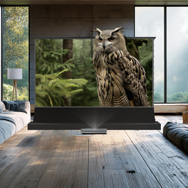 BUNDLE HISENSE LASER CINEMA PX3 PRO TriChroma Laser Cinema Projector & VIVIDSTORM S Lite Hyper Motorized Tension Floor Rising Lenticular ALR Projector Screen