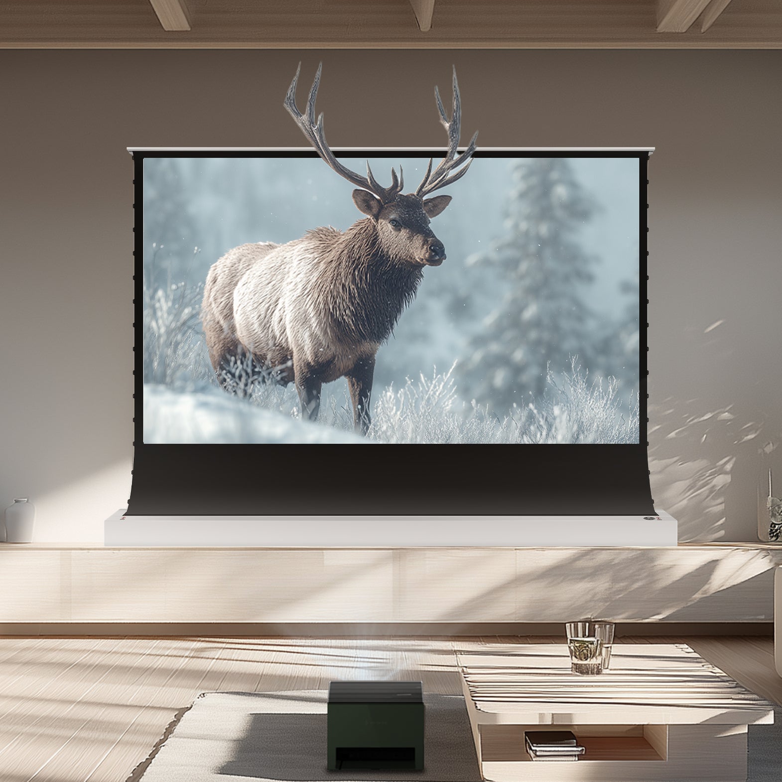 Ella BUNDLE Valerion VisionMaster Pro 2 Projector & VIVIDSTORM S White Cinema Motorized Tension Floor Rising Projector Screen