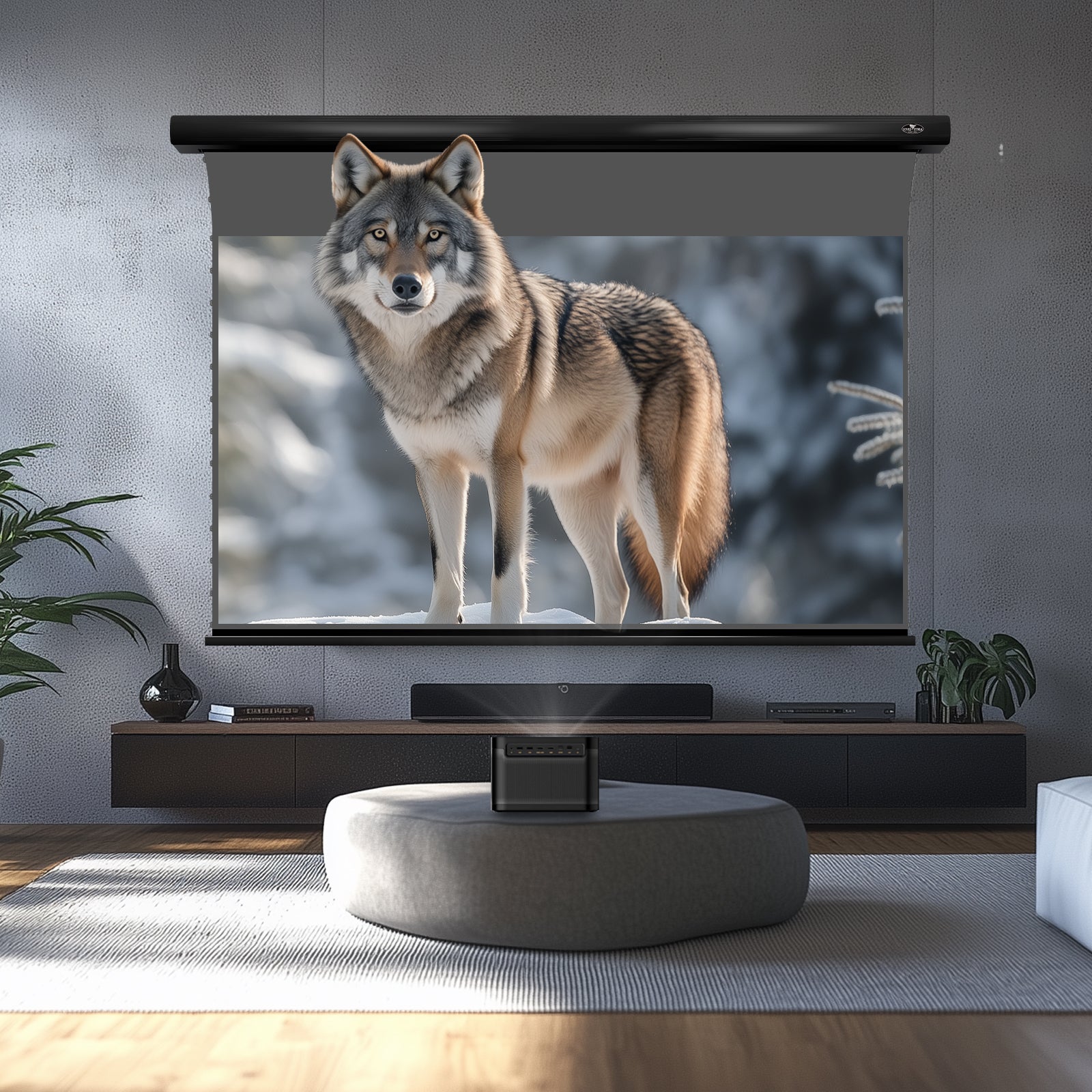 Projecteur laser 4K Dangbei DBOX02 (Mars pro2) et écran de projection VIVIDSTORM ALR Slimline motorisé à tension Obsidian à longue portée ALR