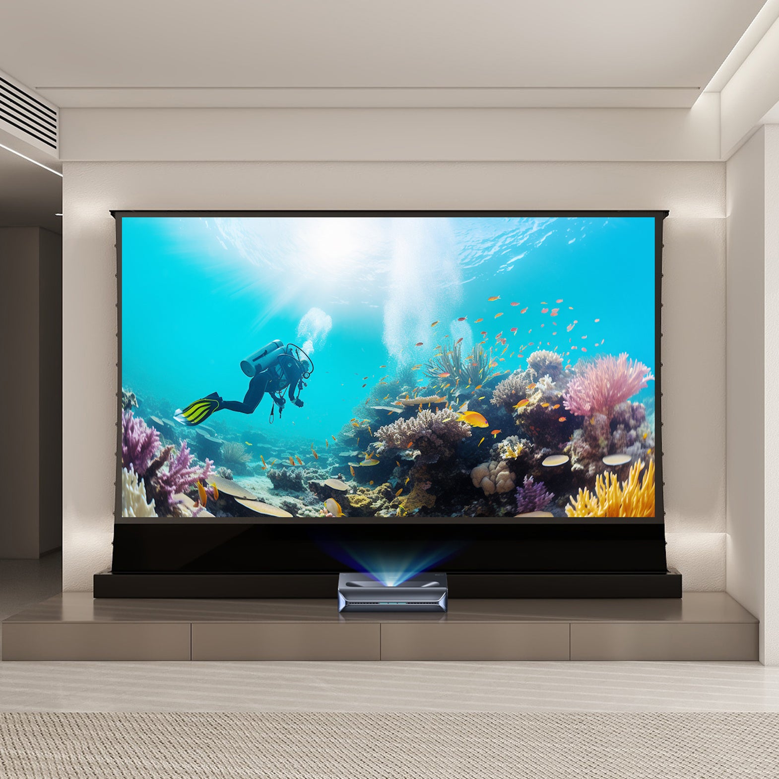 NexiGo Aurora Pro MKII UST Tri-Color Laser Projector & VIVIDSTORM S PRO Motorized Tension Floor Rising UST ALR Projector Screen