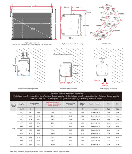Écran de projection VIVIDSTORM ALR Slimline Motorisé Tension Obsidian Longue Portée ALR 