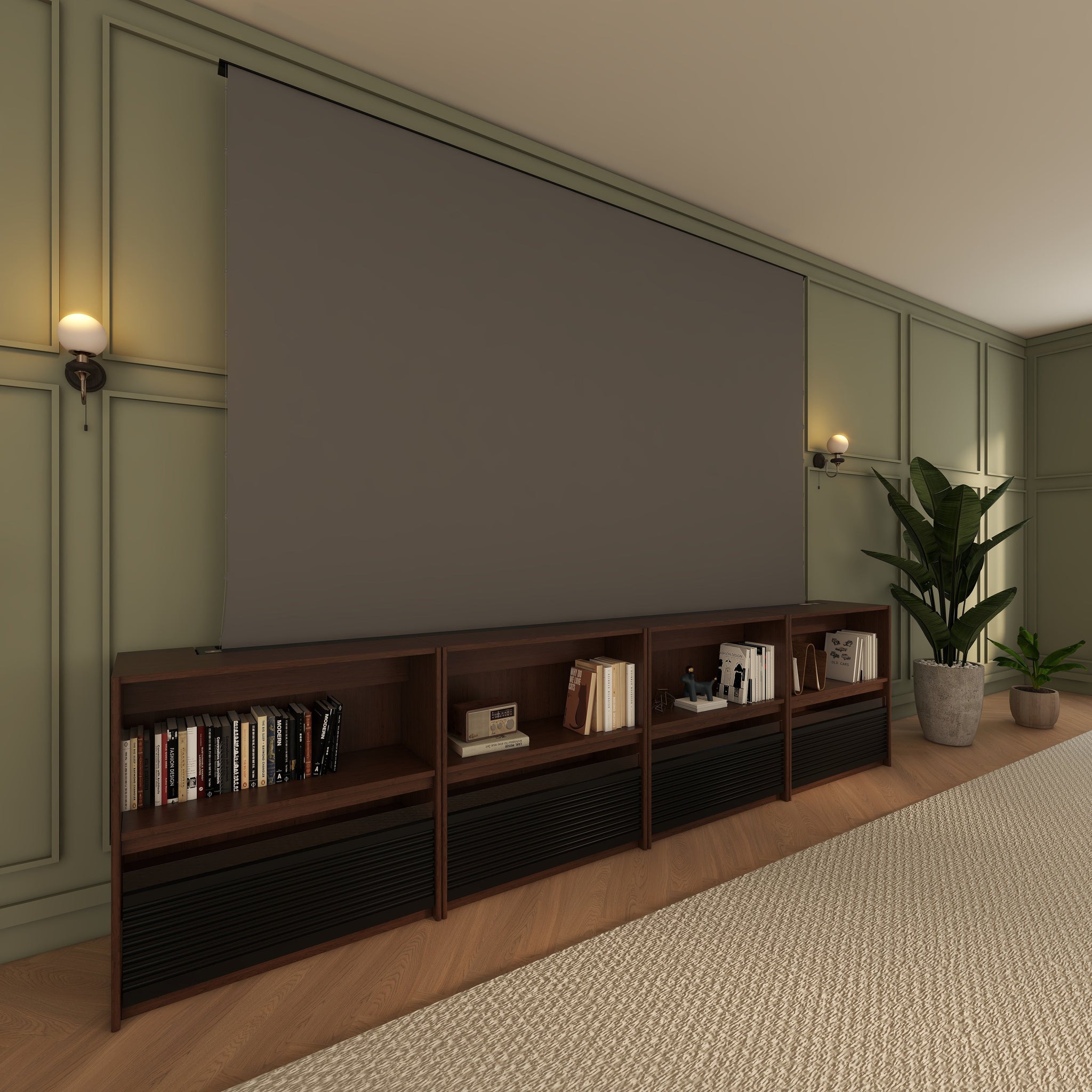 Bundle VIVIDSTORM Nexus Motorized Projector Screen Integrated Shelving Unit & S White Cinema/S ALR Motorized Tension Floor Rising Projector screen