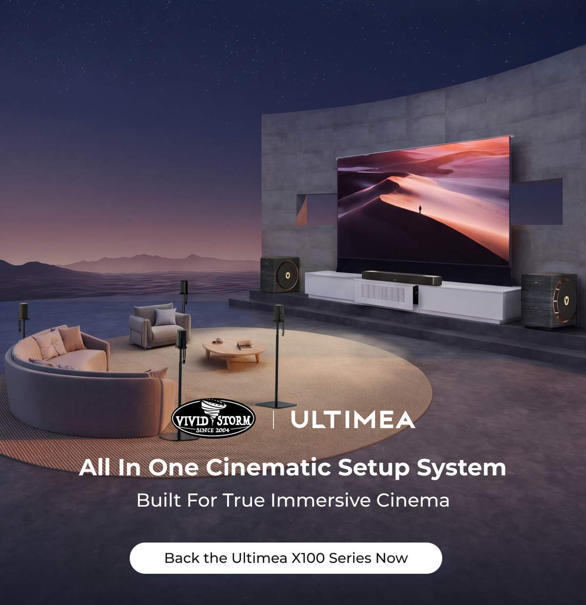 VIVIDSTORM x ULTIMEA | 120inch Barcelona Mark III Motorized Cabinet, Screen, Projector & Sound System Bundle