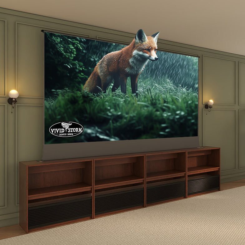 Ella Bundle VIVIDSTORM Nexus Motorized Projector Screen Integrated Shelving Unit & S White Cinema/S ALR Motorized Tension Floor Rising Projector
