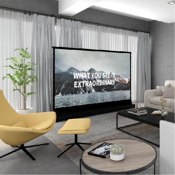 S Electric Tension Floor Screen with White Cinema P(Sound Perforated Acoustic Transparent)material 【Recommended For Normal/Standard/Long Throw Projector Use】 - VIVIDSTORM