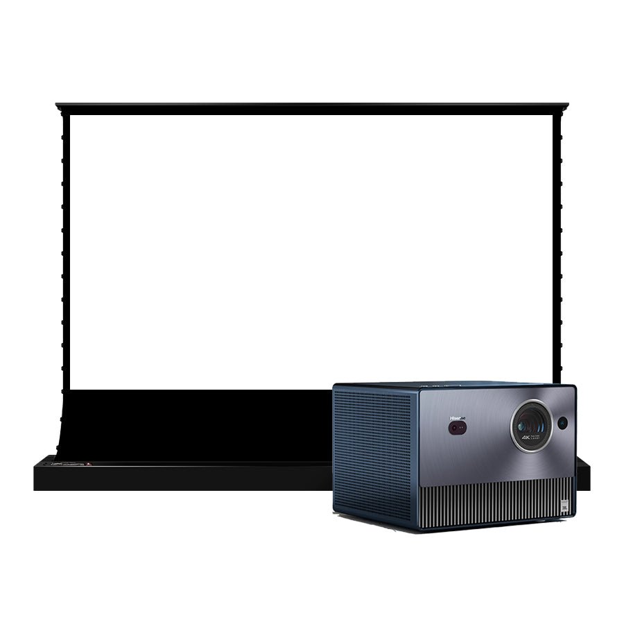 Hisense C1 4K Triple Color Laser Portable Mini Projector & S White Cinema Motorized Tension Floor Rising Projector Screen - VIVIDSTORM