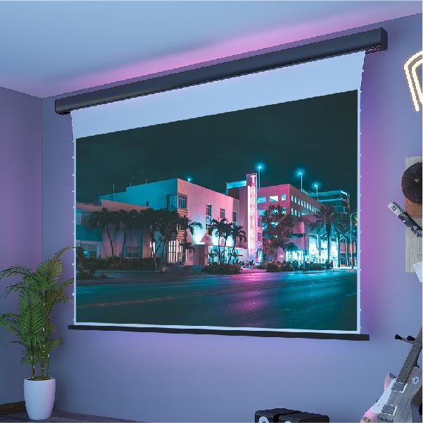 VIVIDSTORM White Cinema Perforated Slimline Motorized Tension Projector screen - VIVIDSTORM