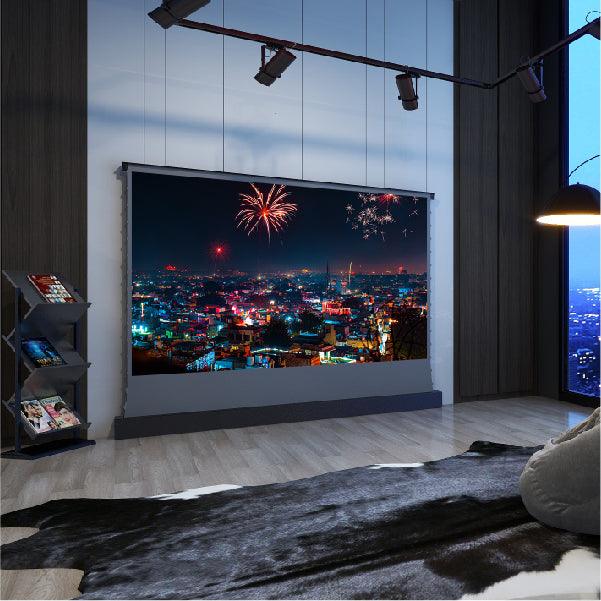 S Electric Tension Floor Screen with Obsidian Long Throw ALR P(Ambient Light Rejecting-Sound Perforated Acoustic Transparent material【Recommended For Normal/Standard/Long Throw Projector Use】 - VIVIDSTORM