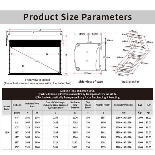 VIVIDSTORM White Cinema Perforated Slimline Motorized Tension Projector screen - VIVIDSTORM